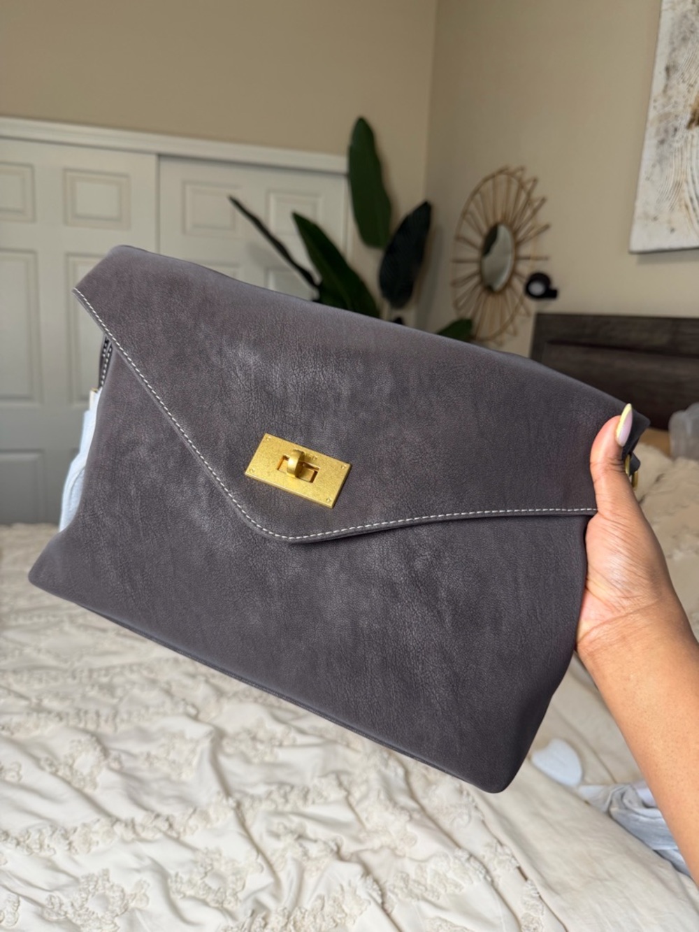 Gray Envelope Clutch with Gold Turn-Lock